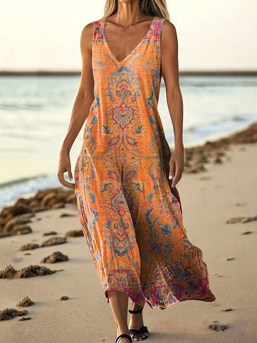 Stunning V-neck Sleeveless Orange Midi Dress