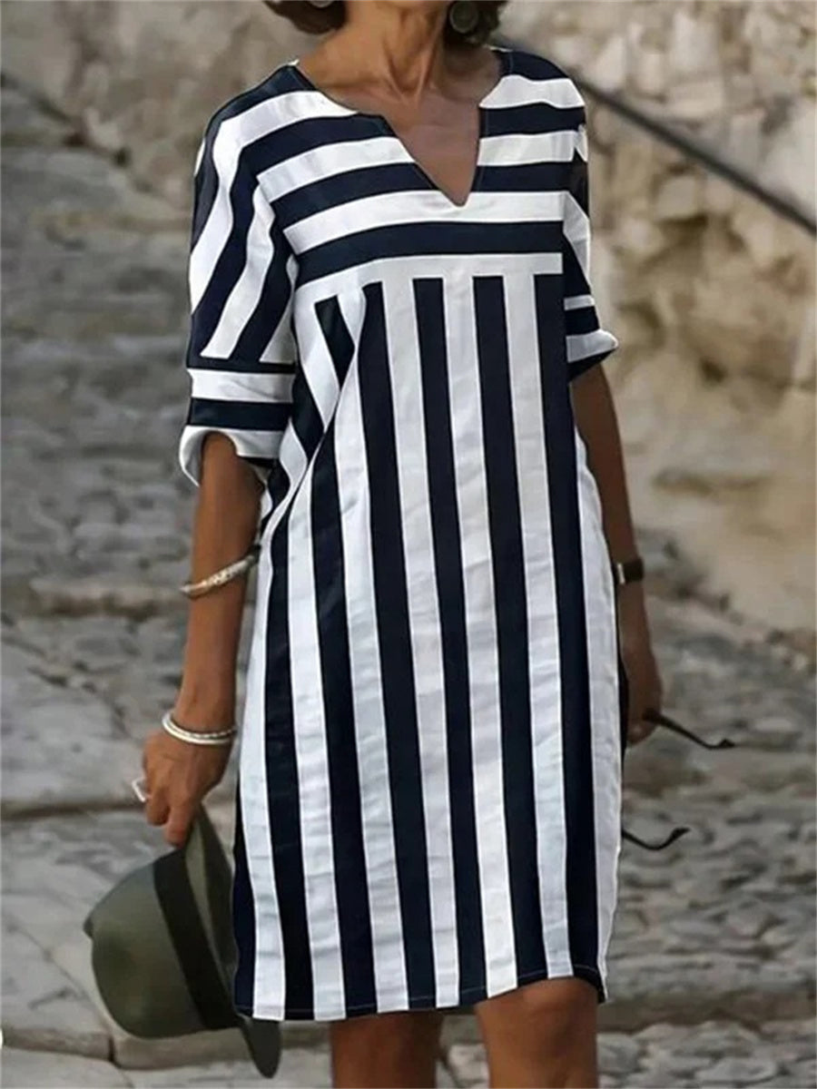 A-Line Loose Contrast Color Striped V-Neck Mini Dress