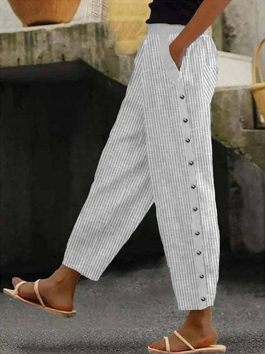 Women's Casual Striped Cotton Pants With Pockets