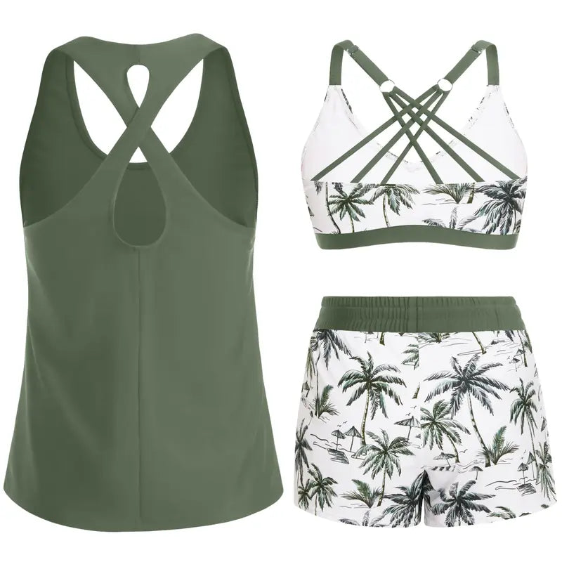 Women's 3-Piece Sporty Tankini Set — Athletic Swim Top, Boyshorts & Pockets