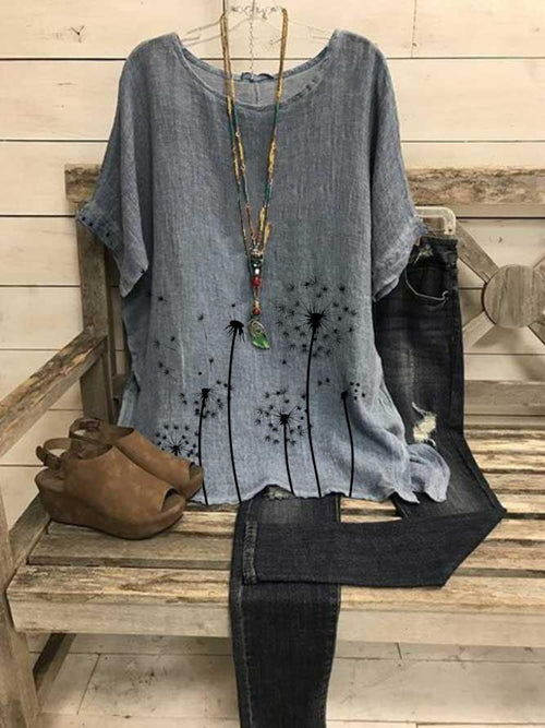 Women's Dandelion Print Loose Short Sleeve Summer Top