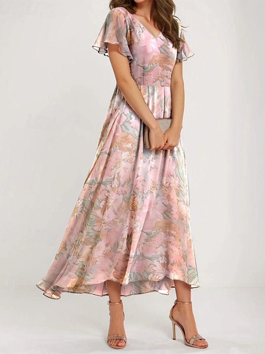 Pink V-Neck Floral Print Maxi Dress