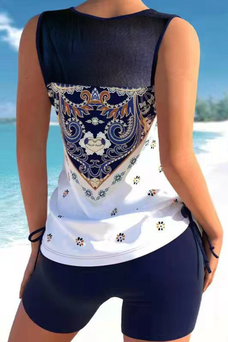 Women's Vintage Print Tankini Set with Side Slit