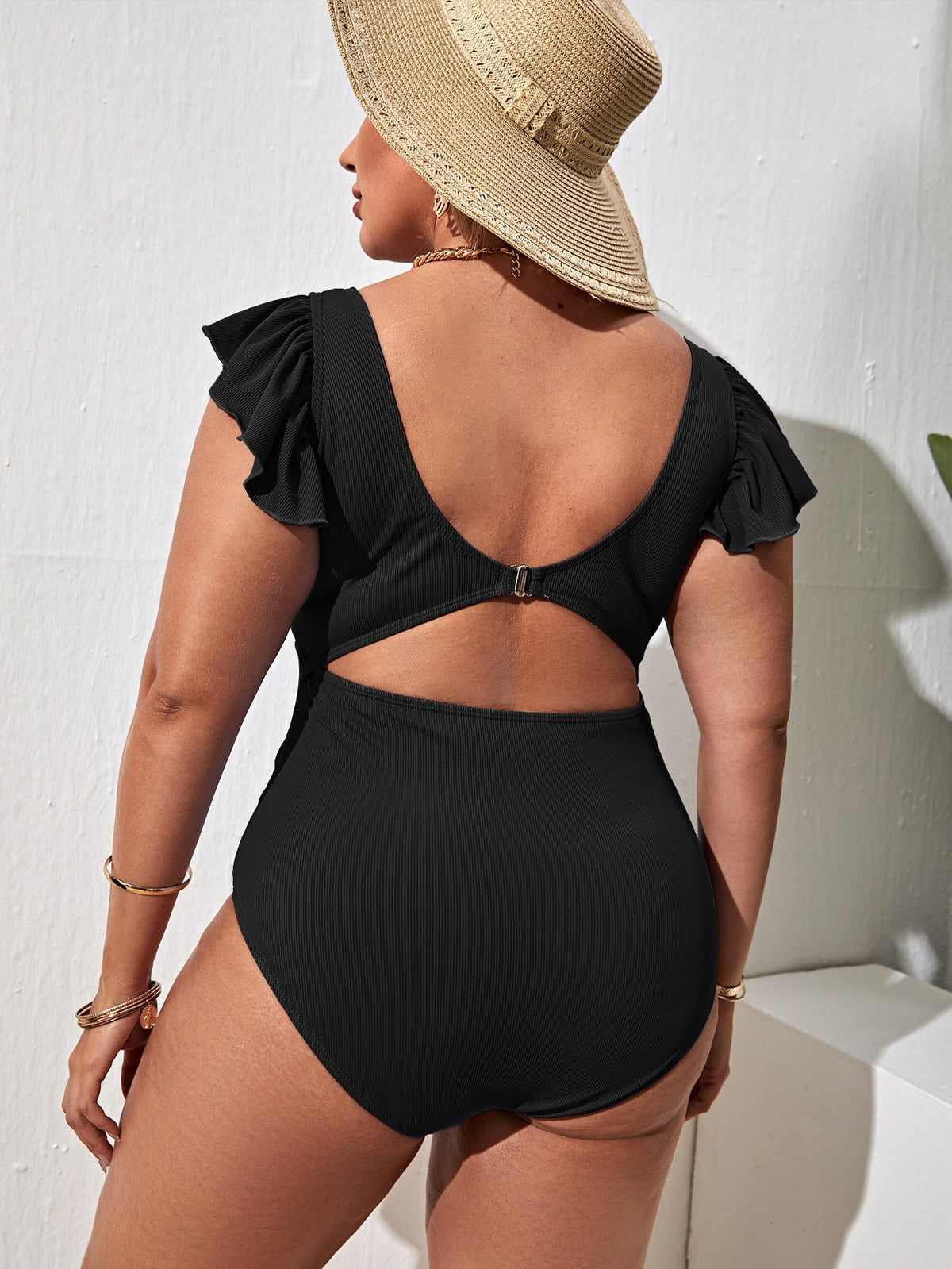 Plus Size Solid Black V-Neck Flutter Sleeve One-Piece Swimsuit