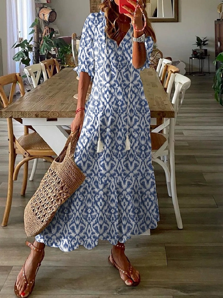 Women's Blue Ikat Print Loose Fit V-Neck Vacation Maxi Dress