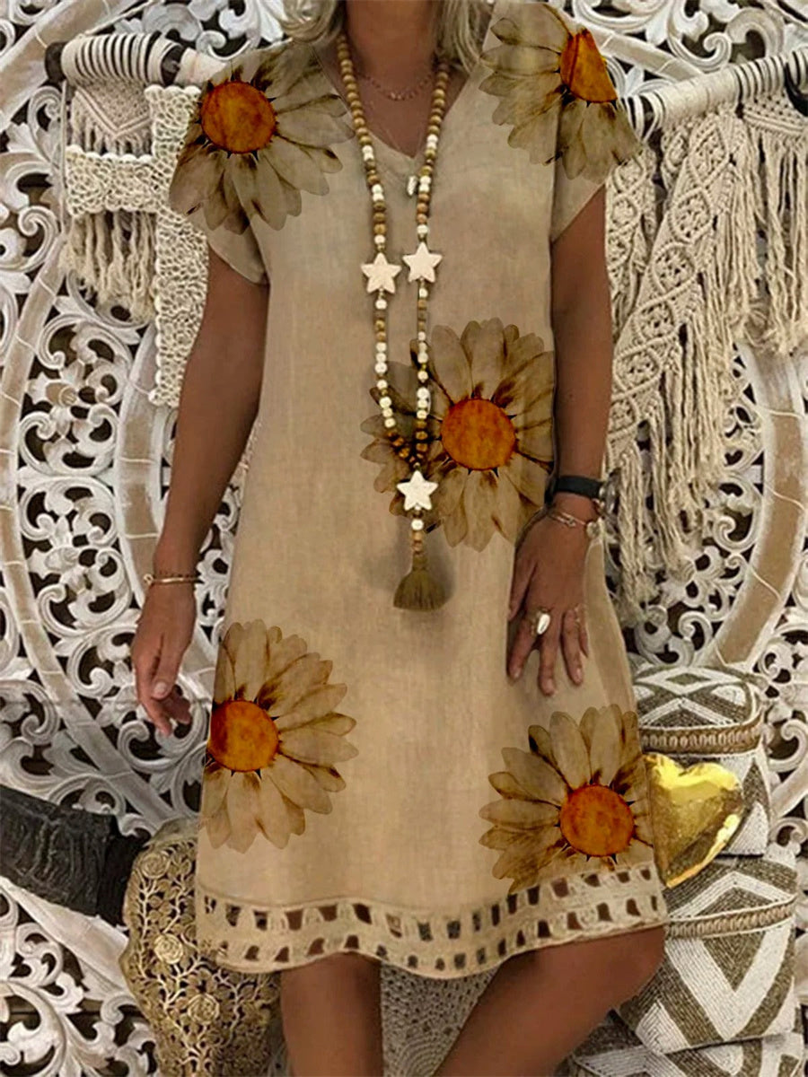 Casual Khaki Floral Printed V Neck Mini Dress