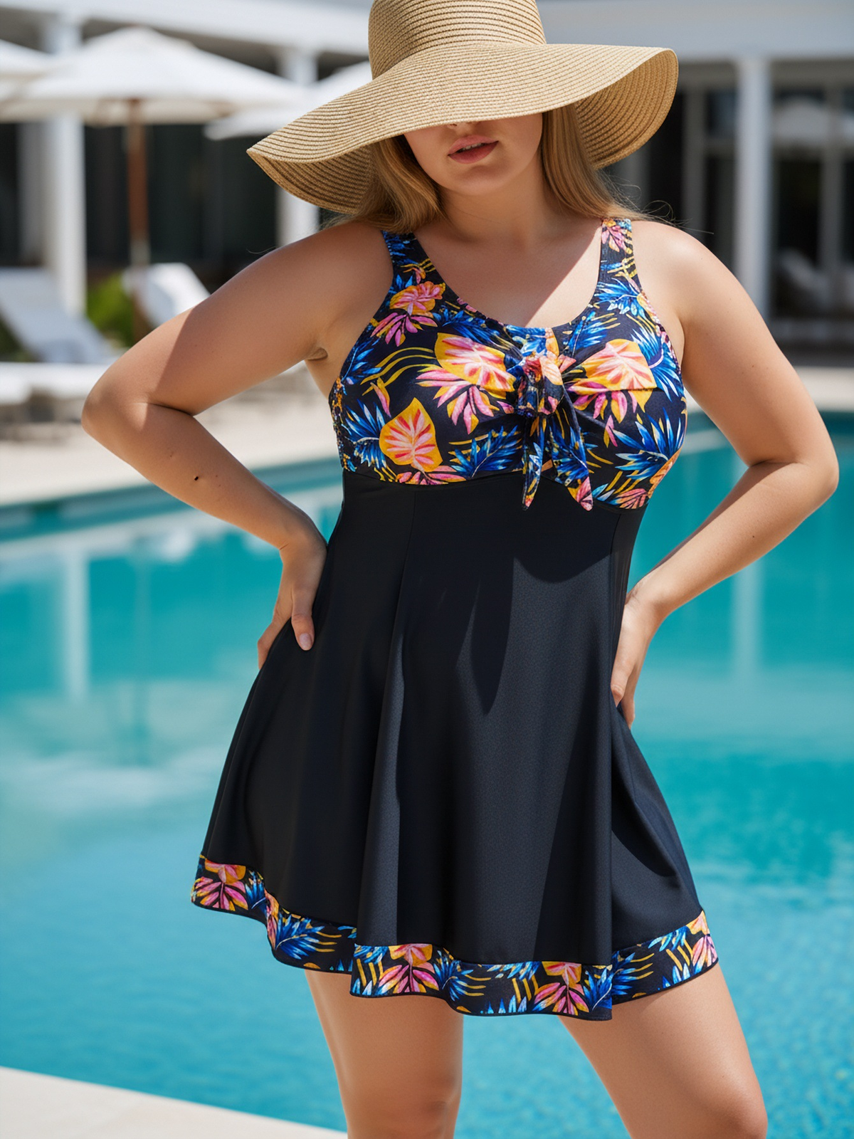 Plus Size Colorful Leaf Pattern V-Neck Knotted A-Line Swim Dress and Bike Shorts