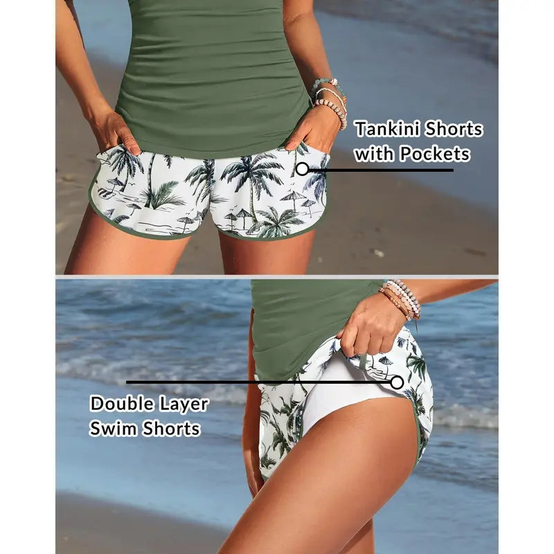 Tummy Control Tankini Set Two-Piece Swimsuit with Comfort Shorts & Side Pockets