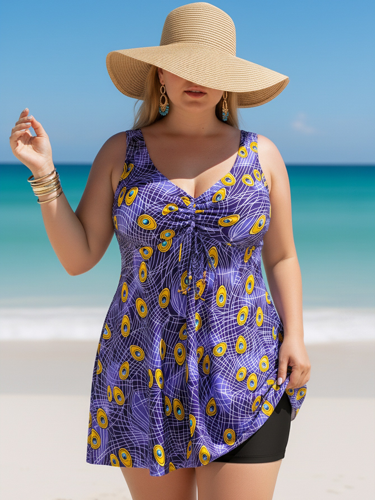 Plus Size Purple Peacock Eye Pattern V-Neck Knotted Swim Dress and Bike Shorts