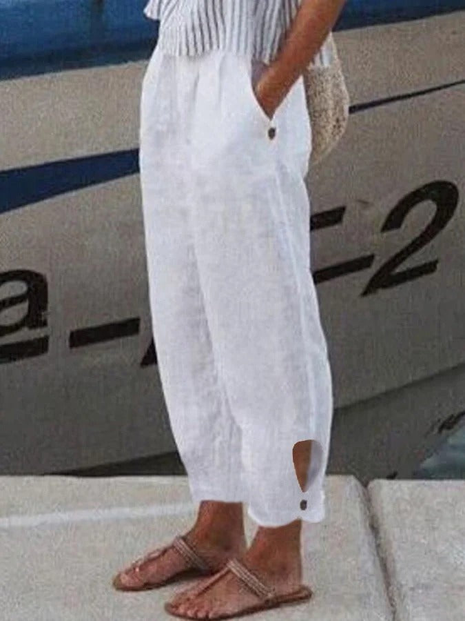 Women's White Casual Pants with Cutout Button Hem