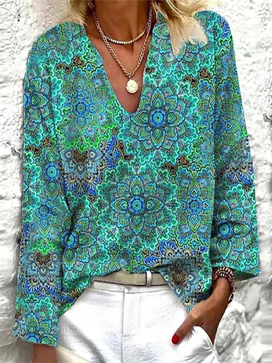 Women?ˉs V Neck Long Sleeve Boho Geometric Print Loose Fit Blouse