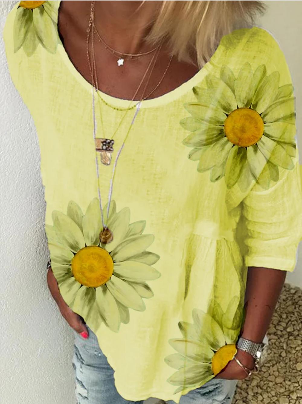 Casual Floral Printed Short Sleeve Cotton Shirts & Tops