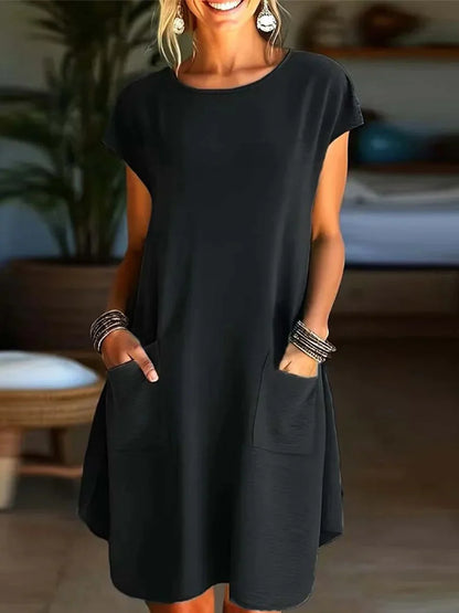 Comfortable Black Round Neck Short Sleeve Mini Dress