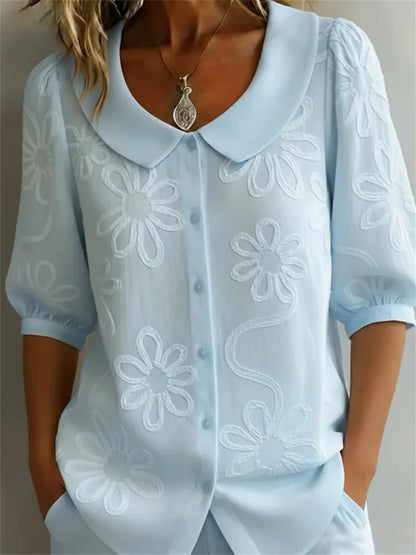 Vintage Peter Pan Collar Floral Printed Half Sleeve Shirt