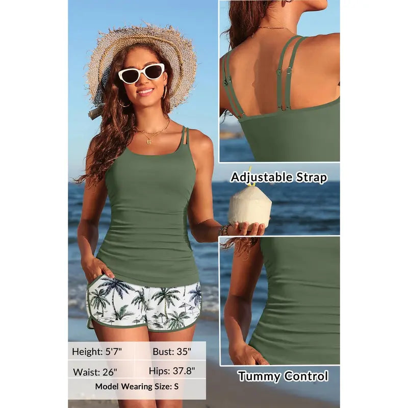 Tummy Control Tankini Set  Two-Piece Swimsuit with Comfort Shorts & Side Pockets