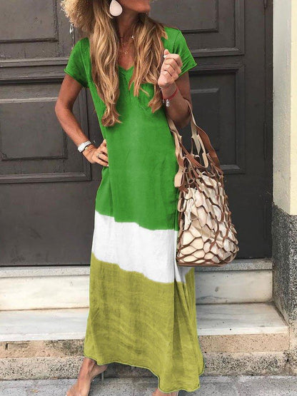 V-neck Stripe Patchwork Casual Short Sleeve Maxi Dresses