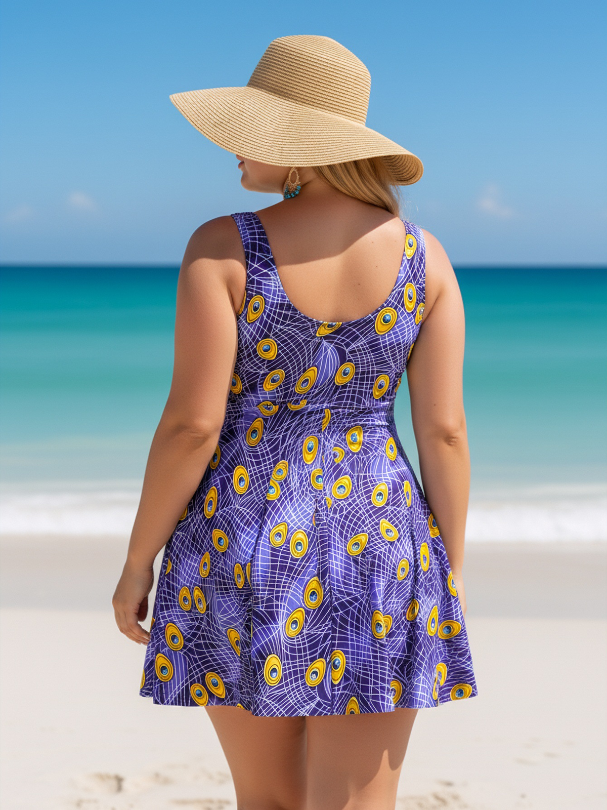 Plus Size Purple Peacock Eye Pattern V-Neck Knotted Swim Dress and Bike Shorts