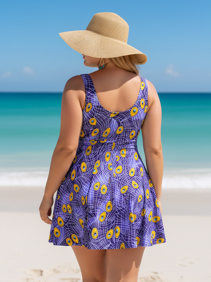 Plus Size Purple Peacock Eye Pattern V-Neck Knotted Swim Dress and Bike Shorts