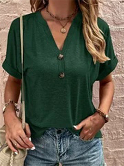 Women?ˉs V-Neck Button Front Short Sleeve Casual Loose Top