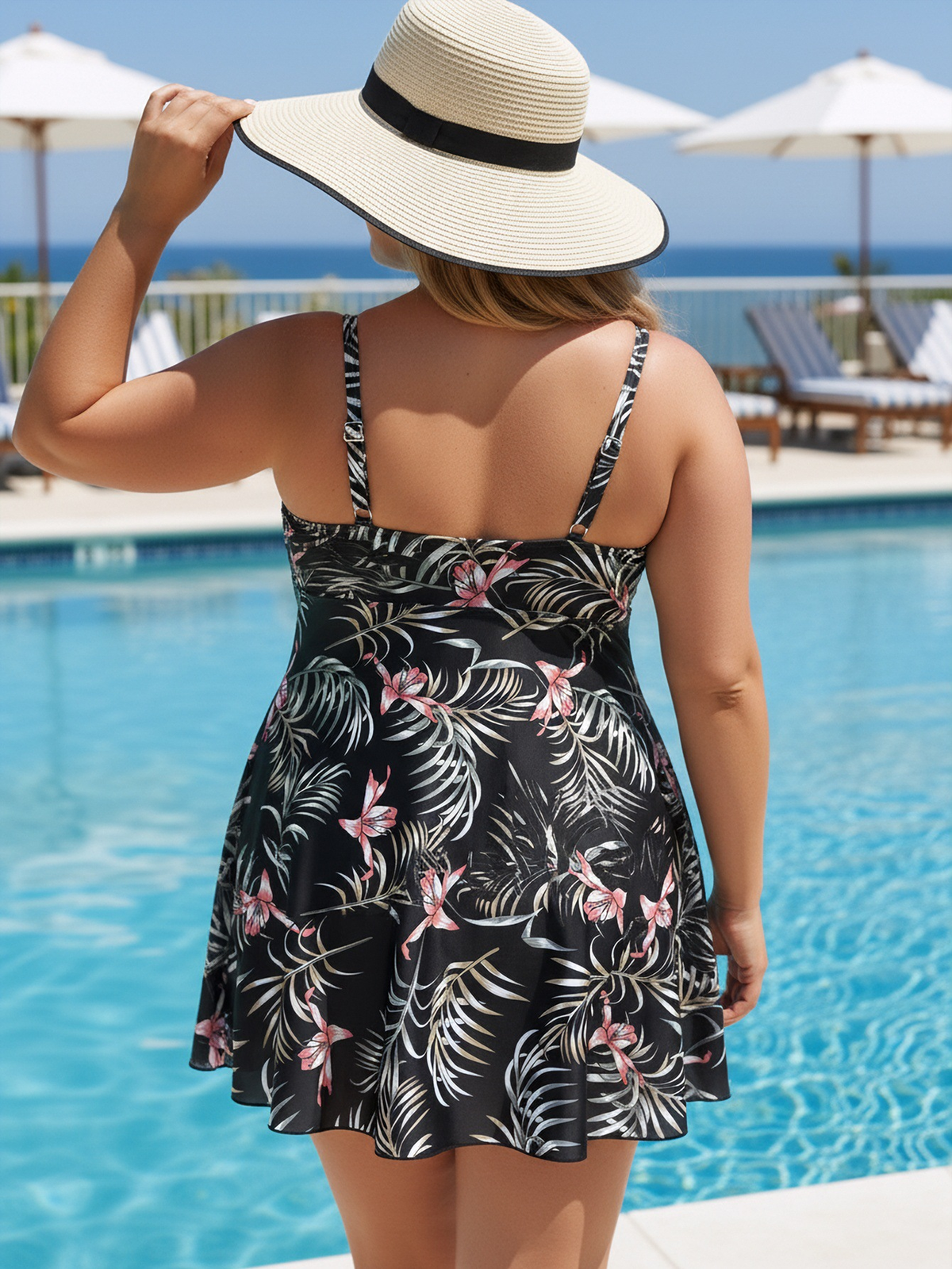 Plus Size Pink Lily Floral Print Spaghetti Straps Swim Dress and Bike Shorts
