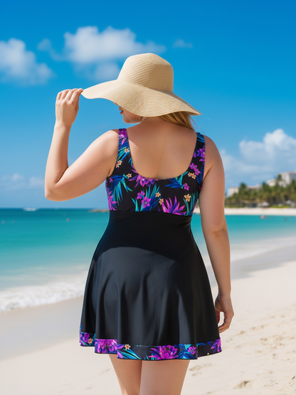 Plus Size Purple Floral Pattern V-Neck Knotted A-Line Swim Dress and Bike Shorts