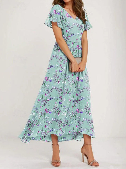 Floral Print V-neck Short Sleeve Green Maxi Dress