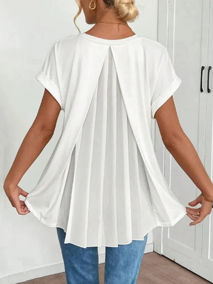 Elegant Solid Colour V-neck Short Sleeve Blouse
