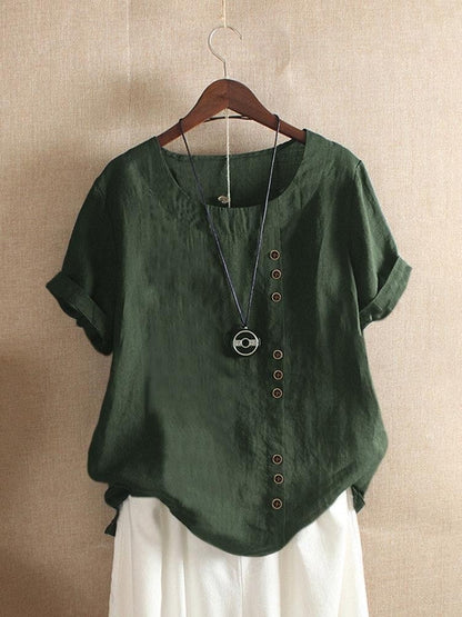 Women's Casual Loose-Fit Cotton Short Sleeve Blouse with Side Buttons