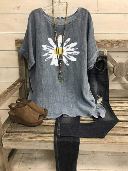 Short Sleeve Crew Neck Shift Sunflower Print Casual Blouse