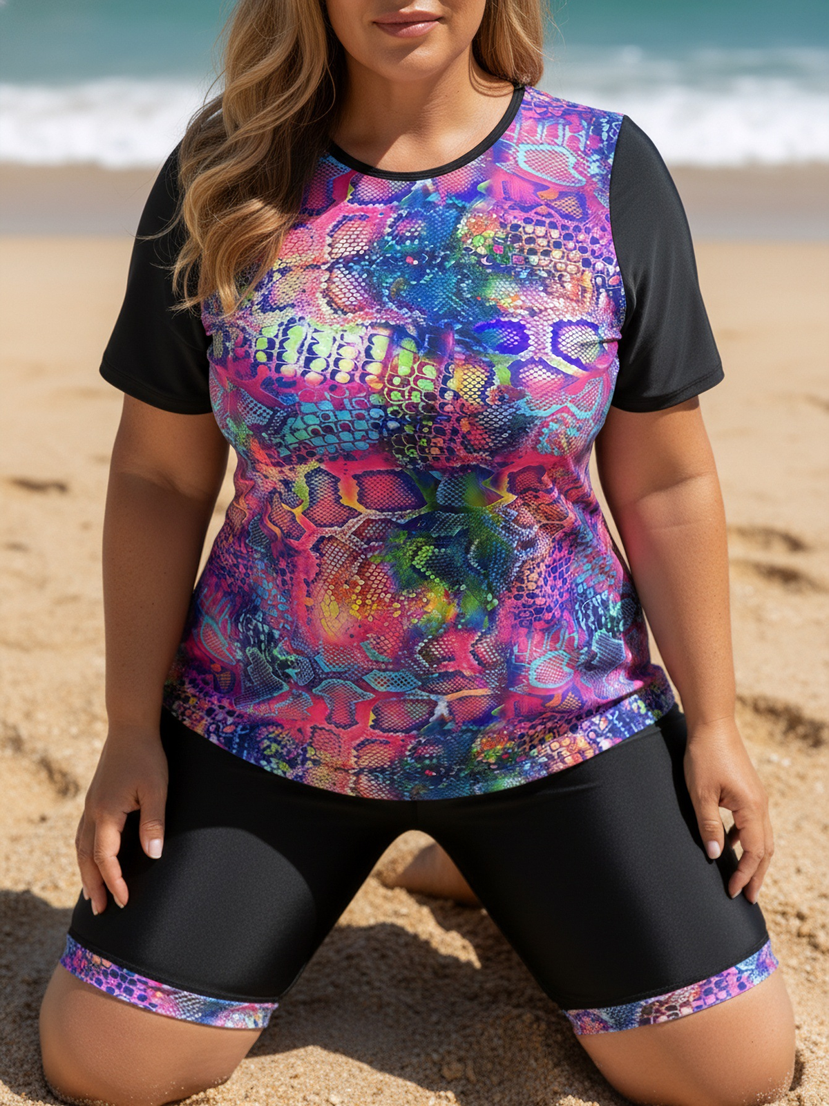 Plus Size Colorful Leopard Pattern Short-Sleeve Tankini Top and Bike Shorts