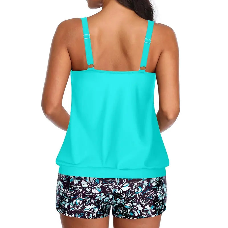 Women's Floral Blouson Tankini Set — Modest Swim Top & Shorts