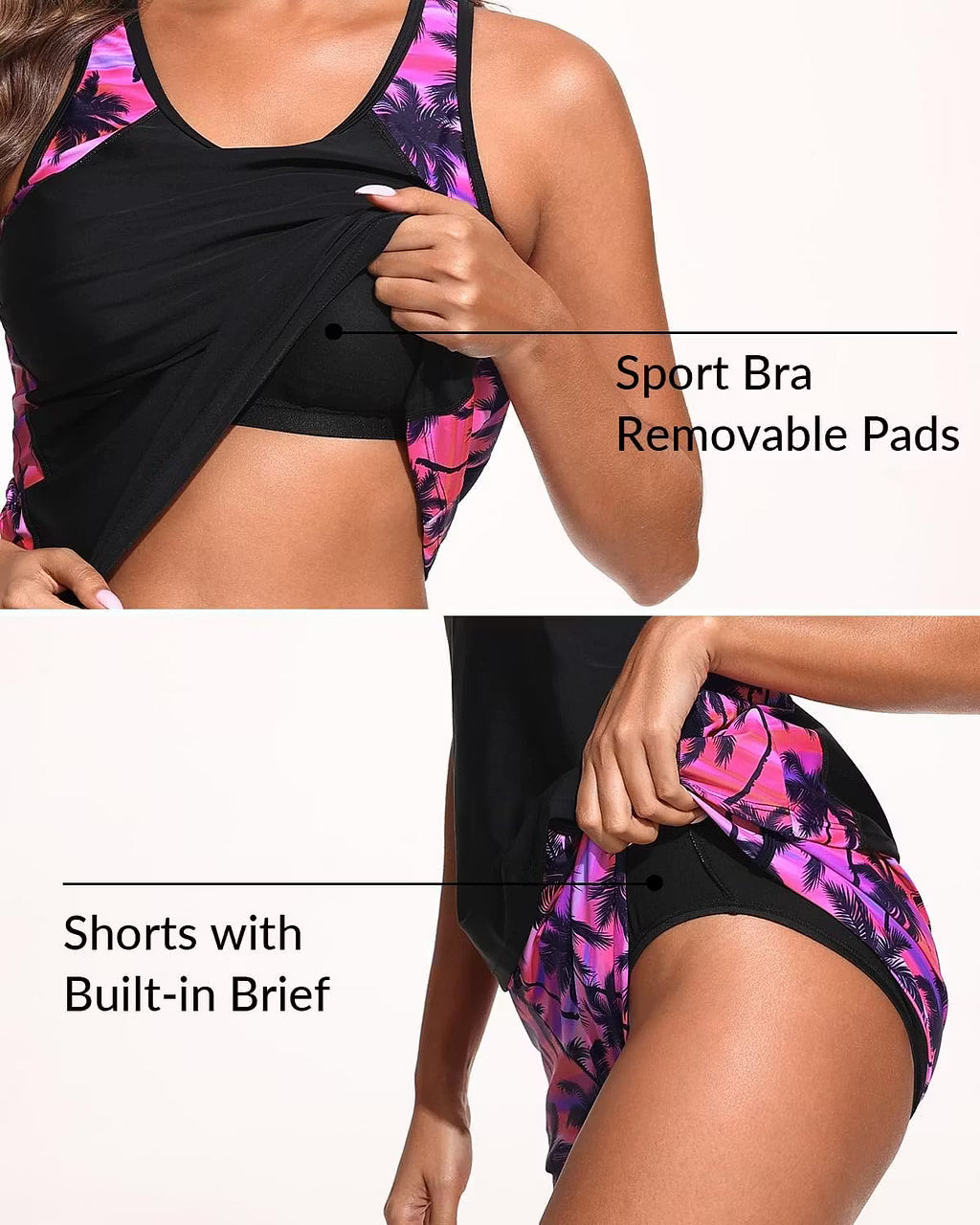 Tummy Control Tankini Set with Shorts Sporty Pockets Two Piece Swimwear