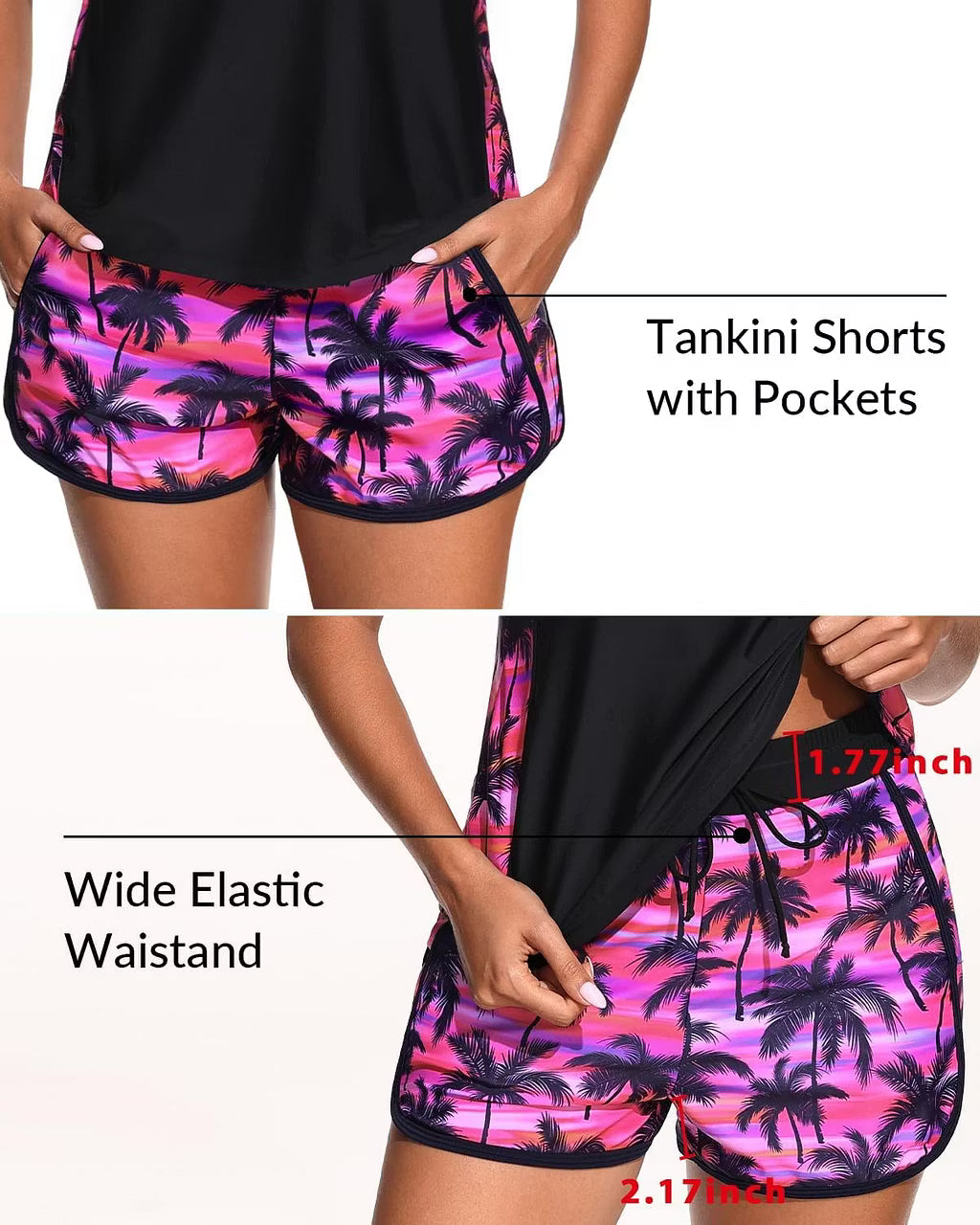 Tummy Control Tankini Set with Shorts Sporty Pockets Two Piece Swimwear