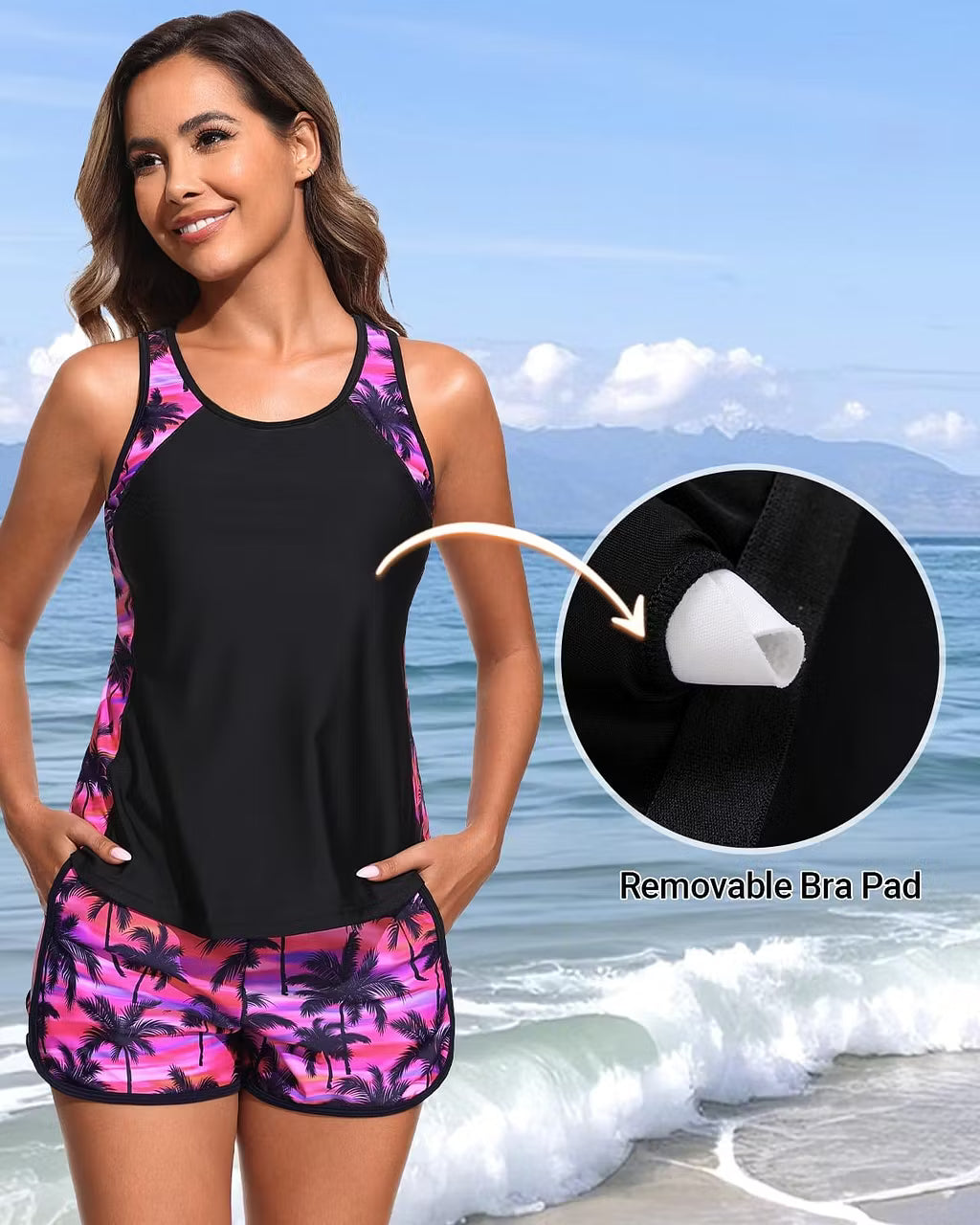 Tummy Control Tankini Set with Shorts Sporty Pockets Two Piece Swimwear