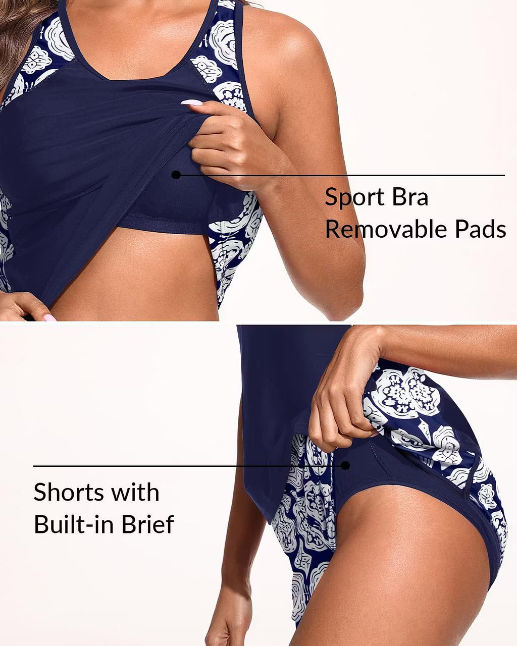 Tummy Control Tankini Set with Shorts Sporty Pockets Two Piece Swimwear