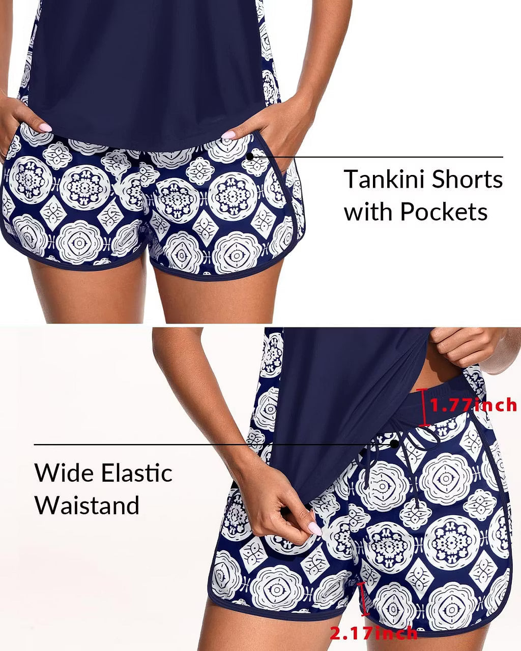 Tummy Control Tankini Set with Shorts Sporty Pockets Two Piece Swimwear