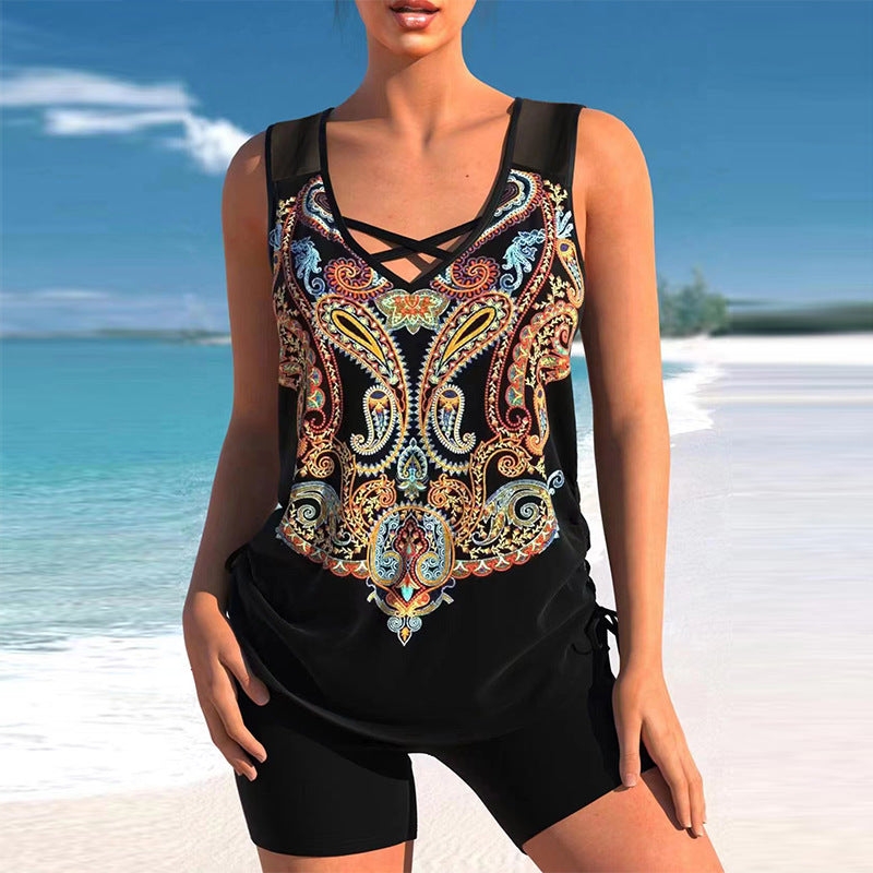 Women's Hawaiian Print Tankini Set with Side Slit