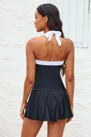 Black Halter Ruffle Ruched One Piece Swimdress
