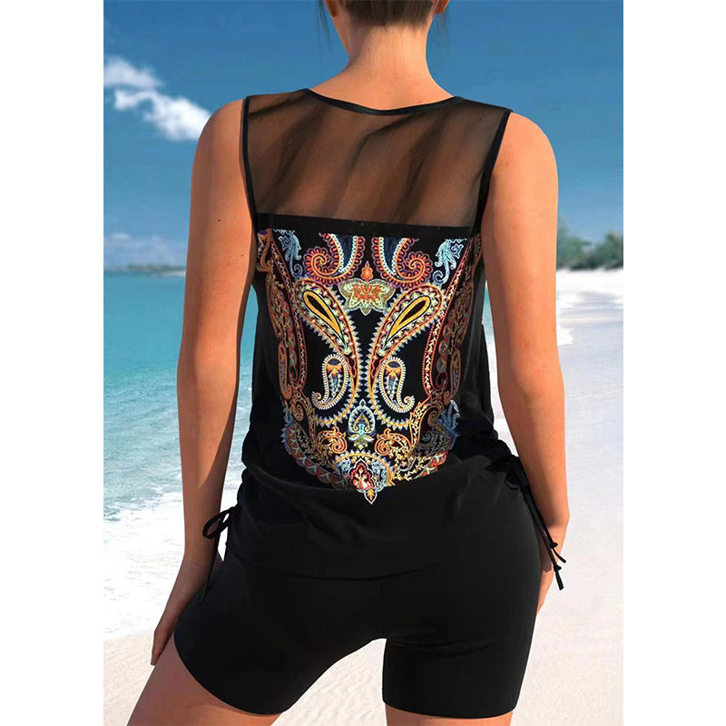 Women's Hawaiian Print Tankini Set with Side Slit