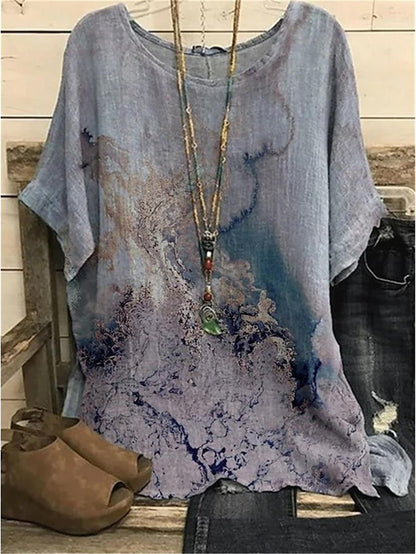 Green Casual Graphic Tops Round Neck Printed Short Sleeve Blouse