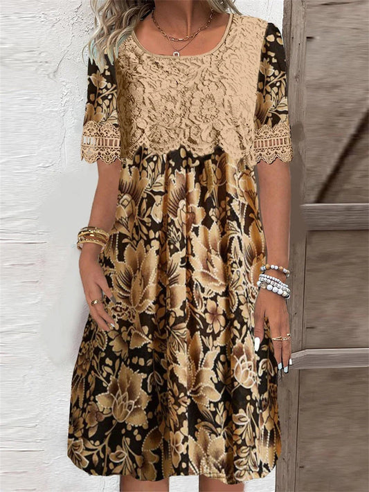Women's Short Sleeve Scoop Neck Lace Graphic Floral Printed Midi Dress