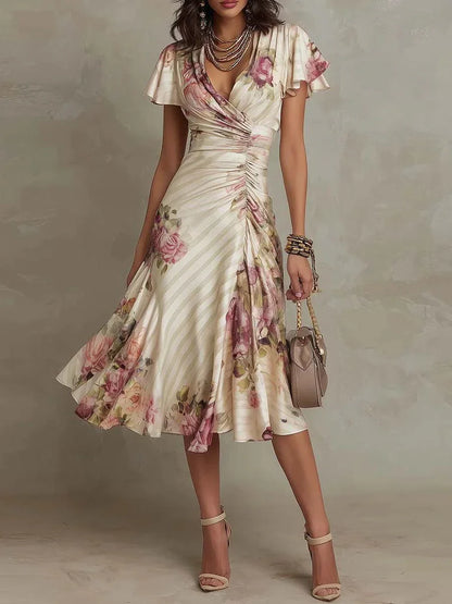 Groovy Floral Print Short Sleeve Midi Dress