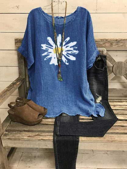 Short Sleeve Crew Neck Shift Sunflower Print Casual Blouse