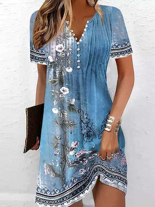 Women's Floral Print V-Neck Short Sleeve Boho Mini Dress