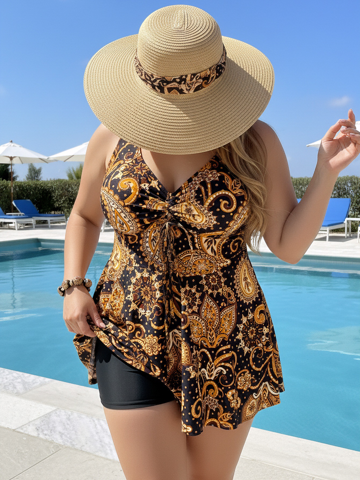 Plus Size Gold Abstract Pattern V-Neck Knotted Swim Dress and Bike Shorts