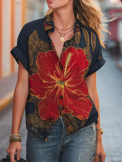 Bold Tropical Hibiscus Print Short Sleeve Top