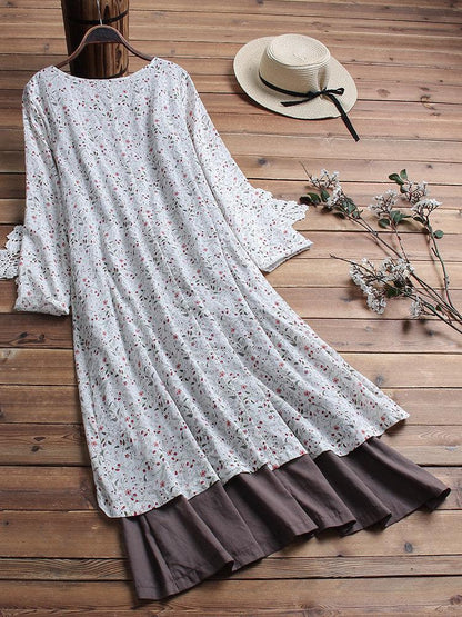 Vintage Patchwork Print V-Neck Maxi Dress with Pockets