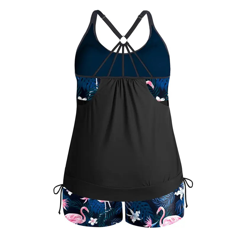 Loose Blouson Top Plus Size Two-Piece Bathing Suit  Women's Relaxed-Fit Tankini Swimwear