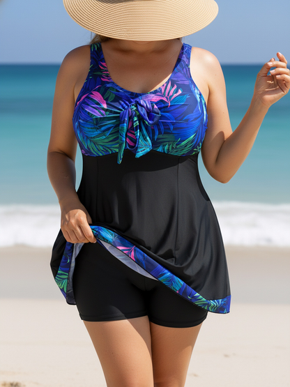 Plus Size Blue Leaf Pattern V-Neck Knotted A-Line Swim Dress and Bike Shorts