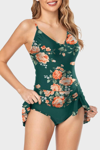 Tropical-inspired Green Floral V-Neck One-Piece Swimsuit